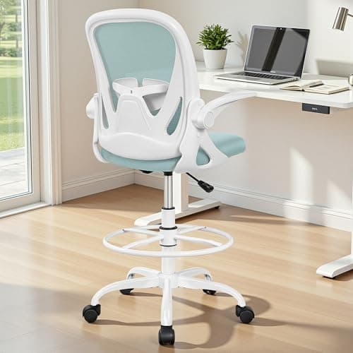 Primy Drafting Chair Tall Office Chair with Flip-up Armrests Executive Ergonomic Computer Standing Desk Chair with Lumbar Support and Adjustable Footrest Ring（Light Blue）