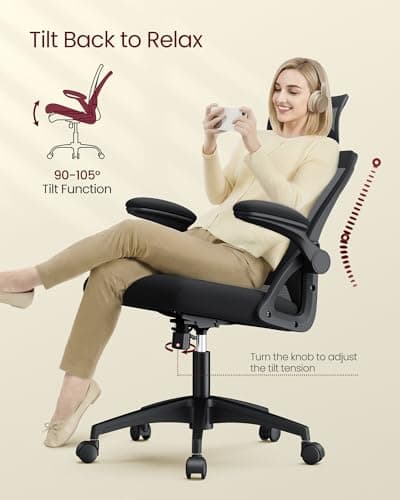 VASAGLE Ergonomic Mesh Office Chair with Adjustable Lumbar Support and Headrest, 90-105° Tilt Function, Wide Seat, Flip‑Up Armrests, Computer Desk Chair for Home Office, Ink Black UOBN044BH01S