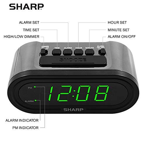 Sharp Digital Alarm with AccuSet - Automatic Smart Clock, Never Needs Setting - Great for Seniors, Kids, and Everyone who Doesn't Want to Set a Clock! Silver Case with Green LEDs