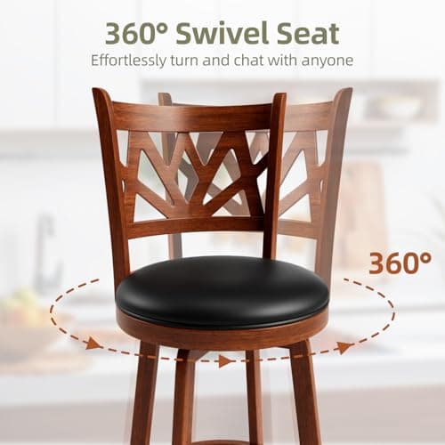 Swivel Barstools Set of 4, Farmhouse 24" Counter Height Bar Stools with Backs, Lotus Pattern Carved Bar Chair with Solid Wood Legs & Footrest for Kitchen Island, Home Bar, Pub. Brown