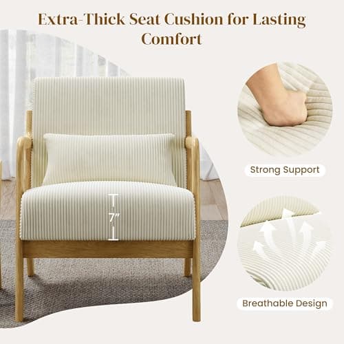 Yaheetech Accent Chair for Living Room, Corduroy Mid Century Modern Reading Armchairs with Lumbar Pillow for Bedroom, Decorative Sofa Chair for Adult Beige/Set of 1