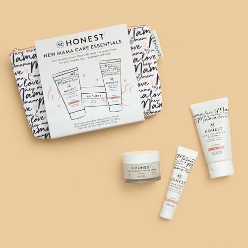 The Honest Company New Mama Care Essentials Gift Set | Hospital Bag Must Haves | Travel Size Nip Balm (0.5 oz), Glow On Body Cream (1 oz), Gotta Glow Face Wash (1.75 fl oz), Reusable Pouch