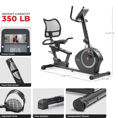 Sunny Health & Fitness Smart Heavy-Duty Recumbent Bike w/Wide Cushioned Seat & Back, Indoor Cycling Machine for Adult/Seniors Home Exercise, Free SunnyFit App Connect, Optional Workout Training Bands