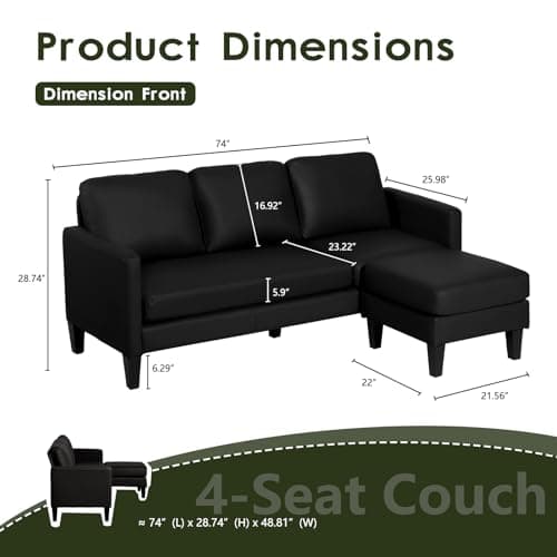 USSerenaY Faux Leather Sectional Couch, L Shaped Sofa with 3 Seater Couch and Reversible Chaise Convertible PU Leather Comfy Couches for Living Room (Black)
