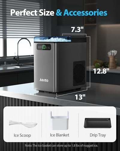 Aeitto Nugget Ice Maker 40Lbs/24H, Countertop Soft Chewable Ice Pebble Ice Machine, One-Click Operation, Auto Self-Cleaning Ice Makers with Scoop&Basket for Home, Office, Kitchen, Party (Grey)