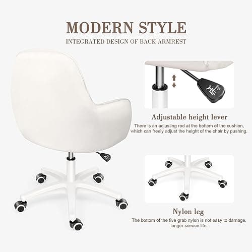 Mid Back Velvet Vanity Chair Swivel Rolling Desk Chair with Wheels, Modern Upholstered Makeup Chair for Women Girls, Computer Task Chair for Bedroom Living Room Office, White