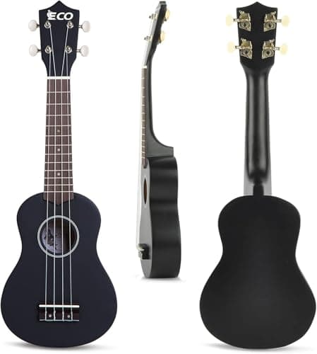 iECO Soprano Ukulele Beginner Kit Adults 21 Inch Ukelele w/Case Strap Tuner Strings Picks (Black)