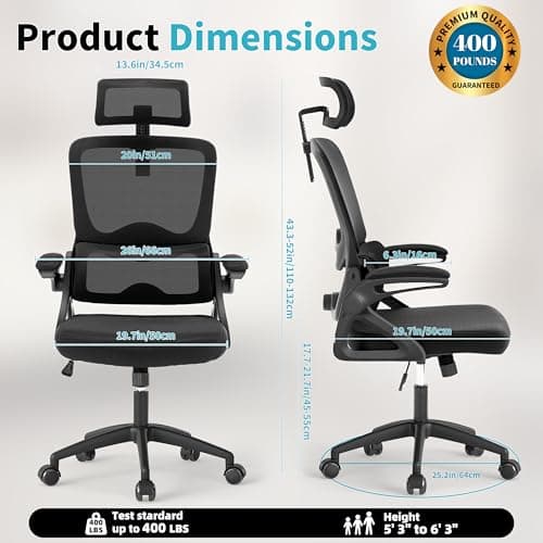 Ergonomic Office Chair,Mesh Office Chair with Lumbar Support,High Back Desk Chair with Flip-up Arms,400 lbs Big and Tall Computer Chair with Headrest,Comfy Desk Chairs