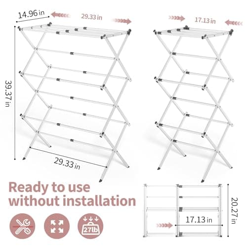 APEXCHASER Clothes Drying Rack Folding - 3 Tier Laundry Drying Rack for Clothes, Expandable Metal Clothing Dryer, Collapsible Towel Rack, Air Drying Rack, White