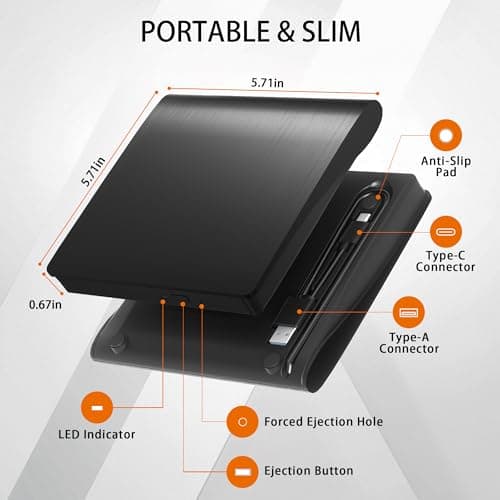 juwuoi External CD/DVD Drive for Laptop PC CD DVD Player USB 3.0 Portable Optical Drive CD Burner Compatible with Windows 10 11 Linux Mac OS (Black)
