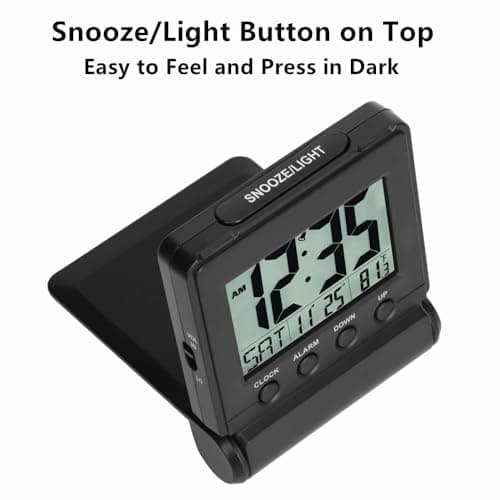 FAMICOZY Small Folding Digital Travel Alarm Clock with Day/Month/Date/Indoor Temperature,Easy to Read and Set,High/Low Alarm Volume,9 Min Snooze,Backlight on Demand,Bedside Calendar Alarm Clock,Black
