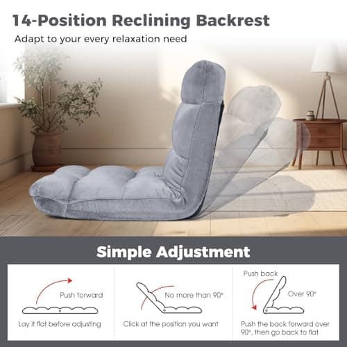 COSTWAY Floor Chair, Video Gaming Chairs with Back Support, Adjustable 14-Position, Alloy Steel Frame, Lazy Sofa Lounge Recliner for Adults Kids (Silver Grey)