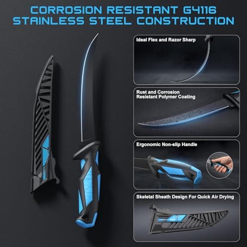 Fillet Knife Kit Combo, Fishing Knives and Honing Rod, Ultra-Sharp G4116 German Stainless Steel, Non-Slip Handle, Durable Storage Bag, Fishing Gifts for Men