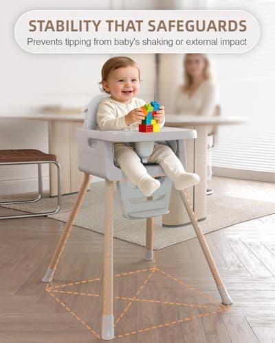 Baby High Chair for 6 Months+, Foldable High Chairs for Babies and Toddlers, Convertible High Chair, Adjustable Tray & Footrest, Portable High Chair & Easy to Clean(Grey with Wood Grain)