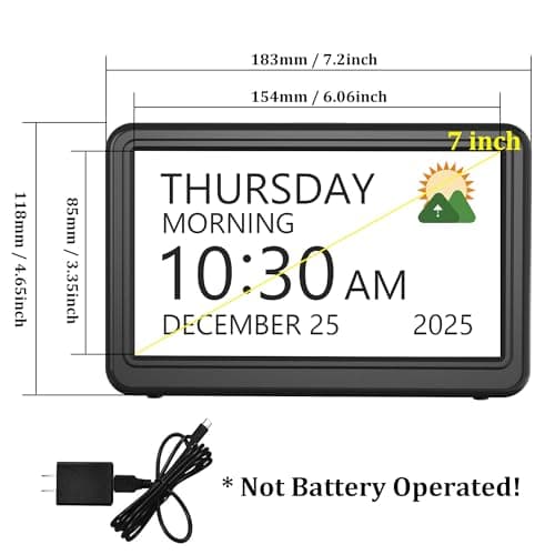 Clock with Day and Date for Elderly, 7" Large Display Digital Calendar Day Clock with 20 Custom Alarms and Medicine Reminders, 12 Display Modes, Dimmable Dementia Alzheimers Clocks for Seniors