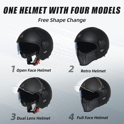 TRIANGLE Convertible Full Face Motorcycle Helmet DOT Approved for Men Women, Multi-Configuration 3/4 Open Face Street Bike Helmet with Internal Tinted Sunshield, Includes Storage Bag