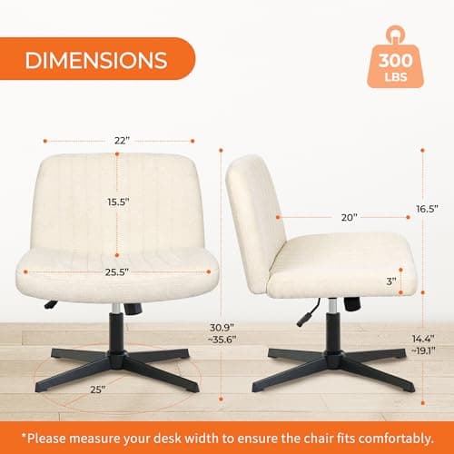 Orange Factory Criss Cross Chair No Wheel Wide Cross Legged Office Desk Vanity Chair Comfy Fabric Armless Adjustable Swivel for Home Computer Task (Beige No Wheel, Classic Fabric)