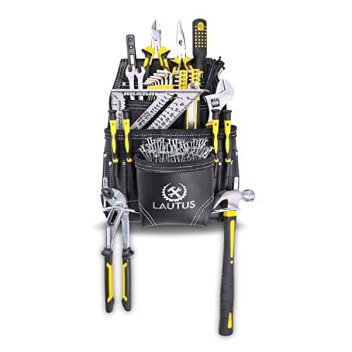 LAUTUS Oil Tanned Leather Tool Pouch Bag | Black | Carpenter, Construction, Framers, Handyman | 10 Pockets, 2 Hammer Holders | 100% Leather