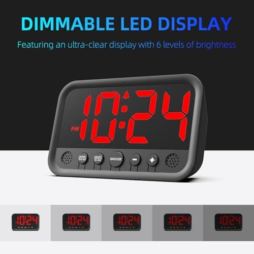 Small LED Digital Clock for Bedroom, Loud Alarm Clock for Heavy Sleepers Adults, Teens | Plug-In Electric Desk Clock | Simple Bedside Nightstand Clock with Adjustable Volume/Brightness/Snooze – Red