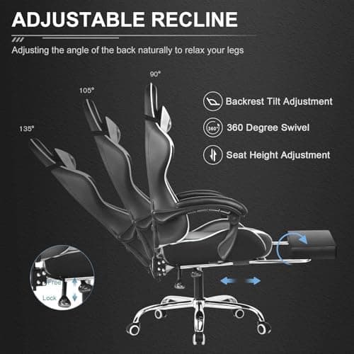 GTPLAYER Gaming Chair, Computer Chair with Footrest and Lumbar Support, Height Adjustable Game Chair with 360°-Swivel Seat and Headrest and for Office or Gaming (Snow White)