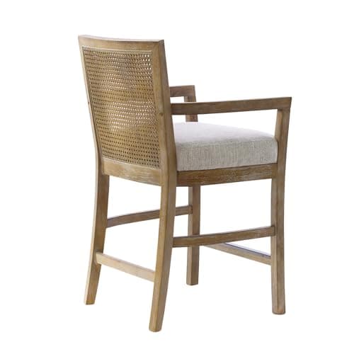 Madison Park Bar Stool with Rattan Back, Wood Counter Height Barstools, Farmhouse Stools with Open Arm Design, Mid-Century Modern Upholstered Bar Chair for Kitchen Island, 18.5" D x 18.5" W x 25.5" H