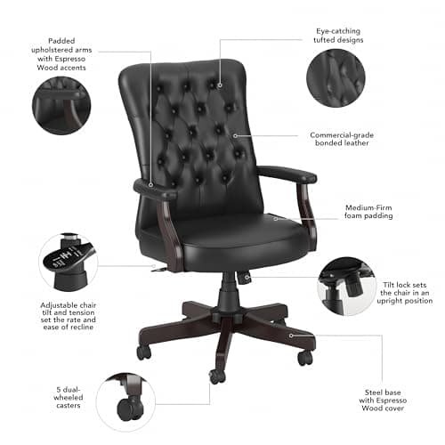 Bush Business Furniture Arden Lane High Back Tufted Office Chair with Arms in Black Leather, Comfortable Computer Desk Seating for Home or Professional Workspace