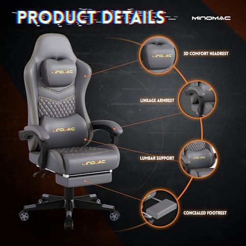 Gaming Chair,Ergonomic Computer Gaming Chair,400lb Load-Bearing,Retractable Footrest/Waist Support/Ergonomic Backrest[Spring + 4D Sponge] (Grey)