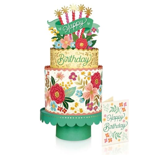 Freshcut Paper Pop Up Birthday Card for Women, Blooming Birthday Cake, 12 Inch Life Sized Tiered Cake, 3D Popup Greeting Cards with Blank Notecard & Envelope