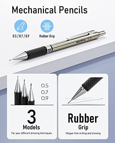 Nicpro 6PCS Art Mechanical Pencil Set, 3PCS Metal Drafting Pencil 0.5 mm & 0.7 mm & 0.9 mm & 3PCS 2mm Graphite Lead Holder (2B HB 2H) For Writing, Sketching Drawing With Lead Refills Case