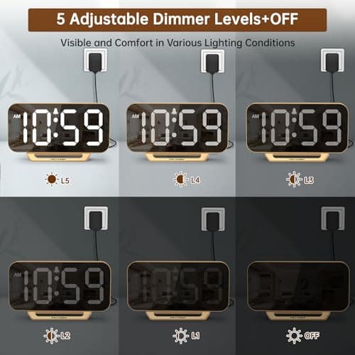 Peakeep Slim Digital Mirror Aesthetic Alarm Clock for Bedrooms Desk Decor - Plug in Electric Big LED Modern Small Clock for Office Living Room, Battery Backup, 6 Dimmers (Gold)