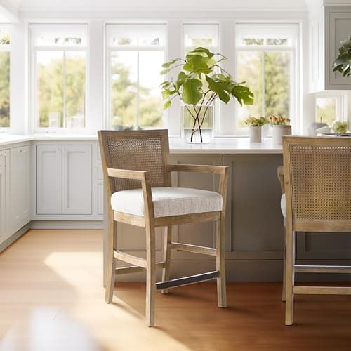 Madison Park Bar Stool with Rattan Back, Wood Counter Height Barstools, Farmhouse Stools with Open Arm Design, Mid-Century Modern Upholstered Bar Chair for Kitchen Island, 18.5" D x 18.5" W x 25.5" H