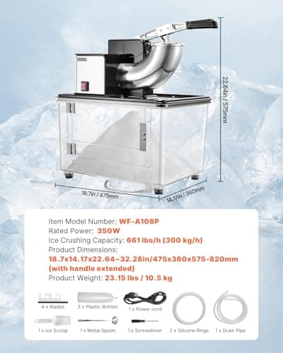 VEVOR Commercial Ice Crusher 661LBS/H, 350W Electric Snow Cone Machine with 4 Blades, 2000RPM Stainless Steel Shaved Ice Machine with 11 Gal Crushed-Ice Box, for Family Restaurants Bars, Black