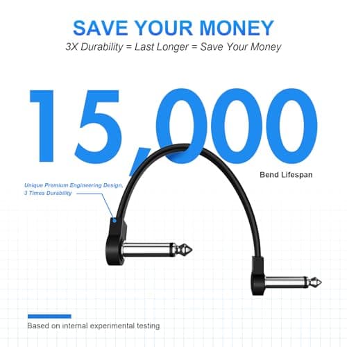 Heams Professional 6 Pack 6 Inch Guitar Patch Cables, Noise Free and Long-Lasting Guitar Pedal Cable, Low Profile Save More Space Pedal Board Cables, Right Angle Flat Patch Cable, Black