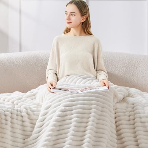 Ultra-Soft Plush Fleece, Cozy, Warm Yet Lightweight, Ribbed Texture, Home Decor, Machine Washable, Giftable, All-Season Use BEDELITE Ribbed Fleece Throw Blanket for Couch, Cream, 50"x60" B0CSFJR66V