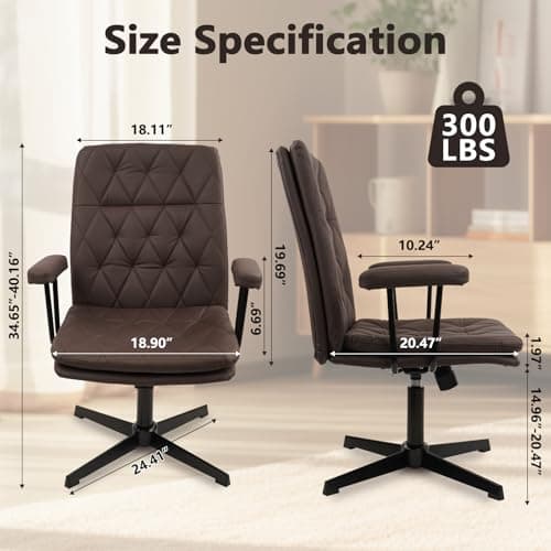 CLATINA Office Chair No Wheels, Leather Criss Cross Desk Chairs with Arms, Modern Cross Legged Computer Chair, Mid Back Height Adjustable Swivel Task Vanity Chair for Home Office, Chocolate Brown