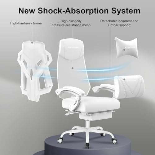 GTPLAYER Gaming Chair, Computer Chair with Mesh Back, Ergonomic Game Chair with Footrest, Reclining Game Chair with Adjustable Headrest and Lumbar Support for Gaming and Office (White)