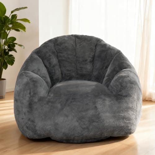 Bean Bag Chair, Giant Beanbag Chiars for Adults, Faux Fur Shell-Shaped Floor Sofa with Filler, Comfy Chair for Reading, Gaming and Relax (Grey)