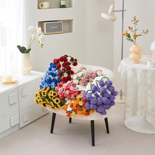 Crochet Flower Bouquet Throw Blanket, Handmade Knitted Blanket with Rose Flowers, Cute Romantic Gift for Her Girlfriend Mom Mother’s Day Valentine Wedding Anniversary Birthday, Pink and White B0FDK649NZ