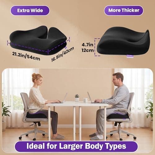 ZZ-WELL Seat Cushions for Office Chairs - Patented Coccyx Cushion for Tailbone Pain - 21.2" W x 16.5" L Memory Foam Extra Large Seat Cushion, Removable & Machine Washable Cover (Black)