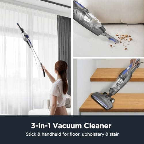 Eureka Corded Stick Vacuum Cleaner for Home Pet Hair, Lightweight Stick Vacuum Cleaner with Powerful Suction for Carpet Tile and Hard Floor, Blue, 3-in-1 Handheld Vac NES312