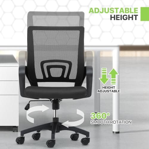 Magshion Ergonomic Office Desk Chair, Mid-Back Mesh Computer Chair, Swivel Chair with Breathable Backrest & Lumbar Support, Adjustable Height for Gaming, Work, Study, 300 Lbs Capacity, Black