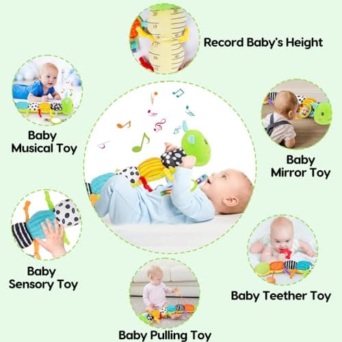 Baby Sensory Toy 0-6 Month Music Animal Stuffed Plush Caterpillar Toy for Infant 0-3-6-12 Month Old Tummy Time with Baby Mirror Crinkle Rattle Carseat Toys for Newborn Boys Girl Shower Gifts