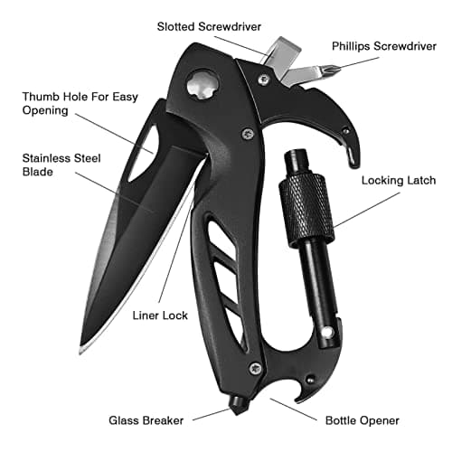 Stocking Stuffers Gifts for Men, EDC Carabiners with Folding Knives, Window Breaker and Screwdriver, Gear for Camping Hiking FUNBRO Multitool Carabiner with Pocket Knife, Bottle Opener B09YCNTY8B