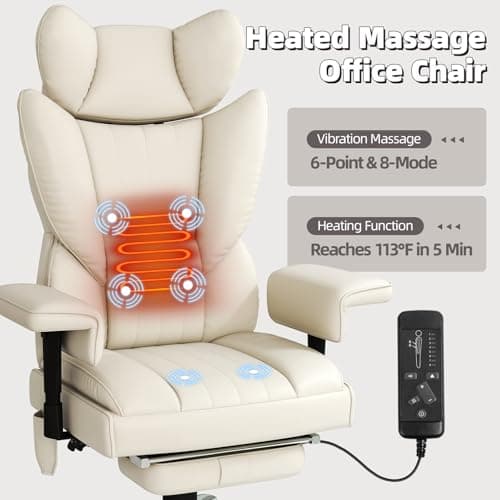 Massage Office Chair with Heat - 6 Points Vibration 400LBS Leather Reclining Office Chair with Lumbar Pillow, Adjust Headrest and Armrest, Executive Desk Chair for Home Office, Beige