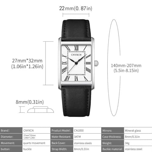 CNYXCN Business Watches for Men,Minimalist Simple Wrist Watch Analog Quartz-Rectangle Roman Numerals Dial,Comfortable Leather Strap,Waterproof