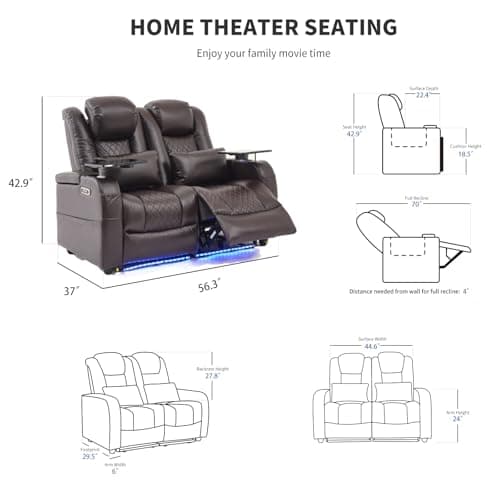 Airadlis Home Theater Seating Seats Dual Power Movie Theater Chairs Theater Recliner Sofa with 7 Colors Ambient Lighting, Lumbar Pillow, Side Pocket, Tray Table,Type-C USB Charge