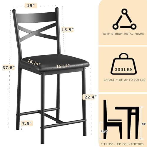 22" Bar Stools Set of 4, Counter Height Bar Stools with PU Upholstered Seat, Metal Frame Kitchen Bar Chairs with X-Design Back and Footrest for Kitchen Island, Counter Bar, Dining Room, Black