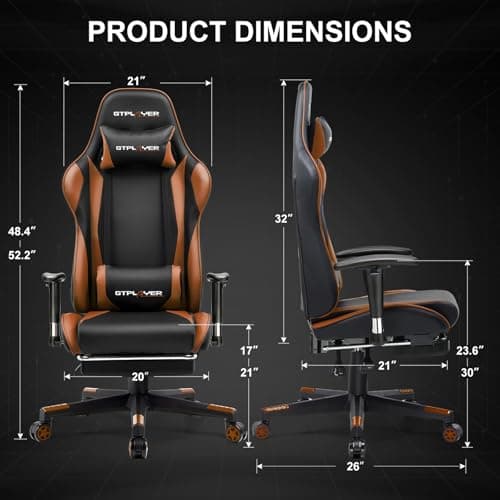 GTPLAYER Gaming Chair with Footrest, Ergonomic Computer Game Desk Chair, Recline Gaming Chair Seat Height Adjustment, Swivel Rocker with Headrest and Lumbar (Brown)