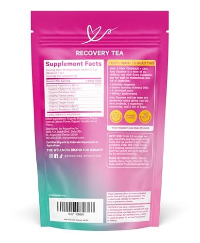 Pink Stork Postpartum Recovery Herbal Tea, Organic Red Raspberry Leaf with Chamomile, Hormone Balance for Women After Labor and Delivery, Strawberry Passion, Hot or Iced, Caffeine-Free, 15 Sachets