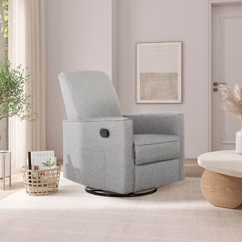 Evolur Raleigh Upholstered Manual Glider Recliner– Rocking & 360° Swivel with Smooth Glide – Greenguard Gold & FSC Certified – Modern Nursery and Living Room Chair in Light Grey